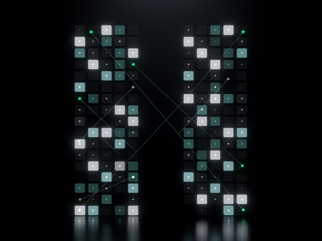 Two columns of luminous tiles connected by faint diagonal lines